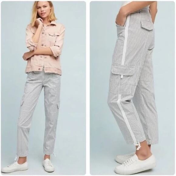 Sanctuary X Anthropologie Striped Ankle Cargo Jogger Pants Gray White 25 / 0 - Picture 1 of 8
